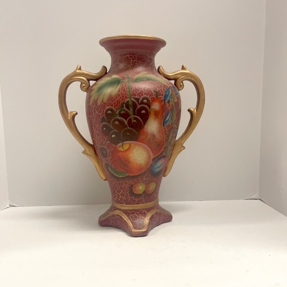 Vintage Double‎ Handle Large Hand Painted Fruit Scene Accent Vase